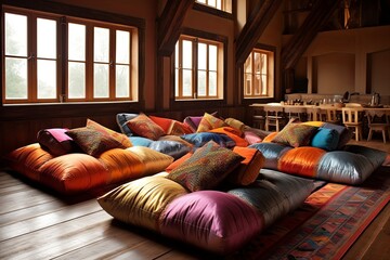 Raw Silk Throws & Leather Floor Seating: Silk Road Caravanserai Living Room Ideas - obrazy, fototapety, plakaty