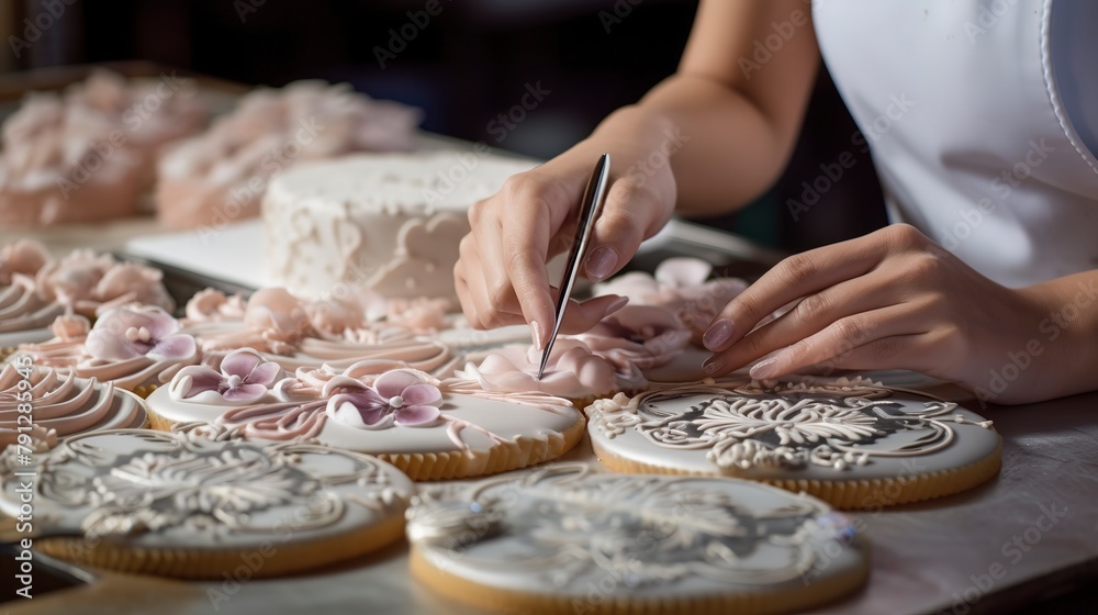 Wall mural Close-up of pastries being intricately decorated with icing by a skilled pastry chef, focusing on the precision and artistry.