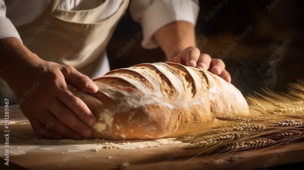 Sticker A baker scoring sourdough bread with a lame, close-up, detailing the precise incision that will bloom in the oven. 