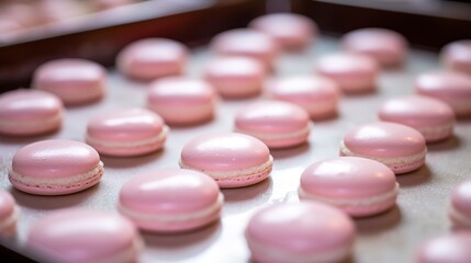 Freshly piped macaron batter on a baking sheet, close-up, with a focus on the smooth tops and perfect rounds, awaiting baking. 