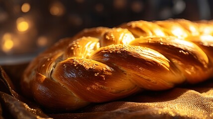 Freshly baked challah bread, close-up, with its braided structure highlighted by the golden sheen, on a linen cloth. 