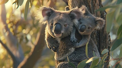 A mother koala carrying her baby on her back as she climbs a eucalyptus tree, the little joey peeking out curiously