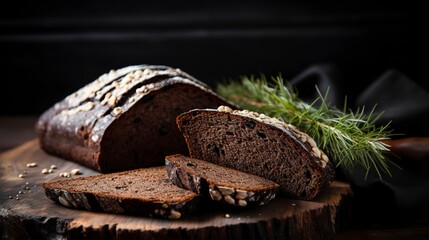 Russian black bread, close-up, with a focus on the rich, dark color and rye grain texture, on a slate serving board. 