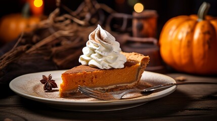 Freshly baked pumpkin pie, close-up, with a dollop of whipped cream and cinnamon, on a rustic wooden table  - obrazy, fototapety, plakaty