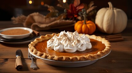 Freshly baked pumpkin pie, close-up, with a dollop of whipped cream and cinnamon, on a rustic wooden table for Thanksgiving. 