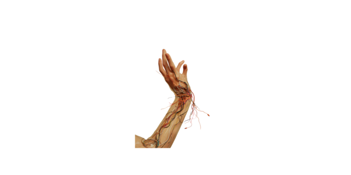 A human hand reaching into the air towards the camera, made of leather and wires wrapped around it, on a beige background