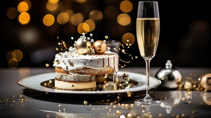 A New Year's Eve champagne cake, close-up, with gold and silver edible decorations, on a sparkling, festive table setting. 