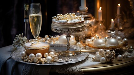 A New Year's Eve champagne cake, close-up, with gold and silver edible decorations, on a sparkling, festive table setting. 