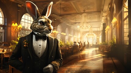 Imagine a dapper rabbit in a velvet smoking jacket, complete with a silk ascot and a top hat. Amidst a backdrop of Victorian architecture, it exudes old-world charm and refined taste. Mood: classic an - obrazy, fototapety, plakaty