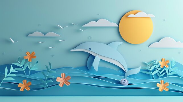 A cute dolpin, layered paper style, paper folding art, A gorgeously rendered papercraft world, graphic design,