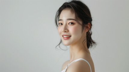 흰색 슬리브를 입은 웃는 모습의 한국 여성