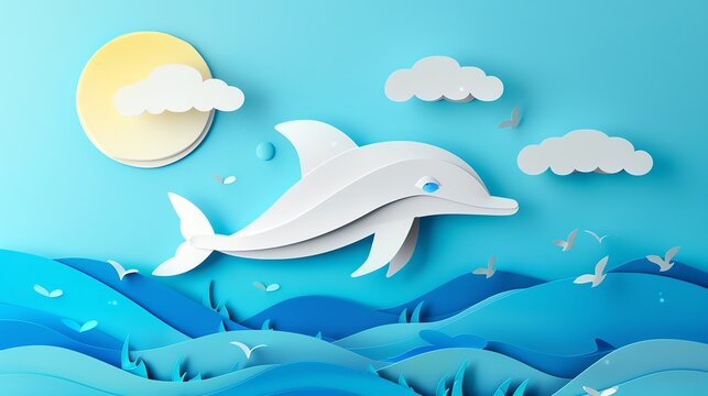 A cute dolpin, layered paper style, paper folding art, A gorgeously rendered papercraft world, graphic design,