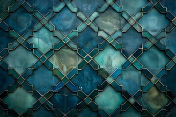Sleek Geometric Arabesque Pattern Inspired by Islamic Art in Shades of Blue and Green