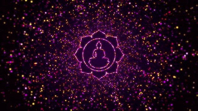 Abstract Digital Space Opener Dark Shiny Purple Yellow Glowing Buddhism Dharmachakra Padma Symbol Border Frame With Glitter Sparkle Dots And Lines