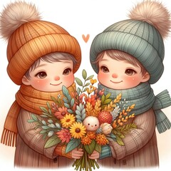 simple color drawing, a boy in a warm gray hat and a girl in a warm brown hat, in winter clothes, with scarves, together holding a bouquet of wild flowers, white background, closeup - obrazy, fototapety, plakaty