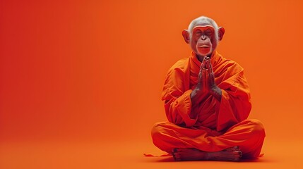 Surreal of Meditating Monkey Monk in Vivid Orange and Red Setting