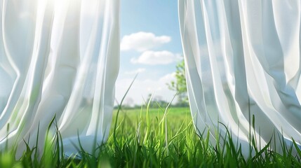 White curtain close-up with grass foreground