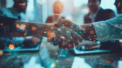 Multiple exposure shot of businesspeople shaking hands In The Meeting Room With Connection Line