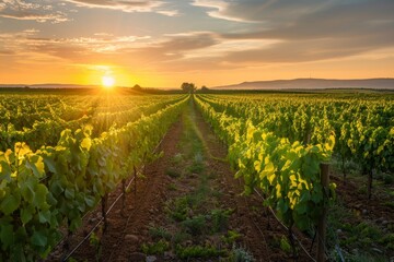 Scenic summer vineyard field at sunset with lush grapevines and beautiful orange sky