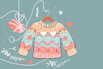 Cartoon cute doodles of a cozy sweater being knit with love and care, Generative AI