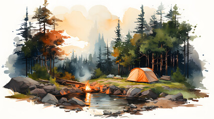 Camp Out Watercolor - obrazy, fototapety, plakaty