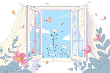 Cartoon cute doodles of a gentle breeze blowing through an open window, carrying the scent of flowers, Generative AI