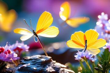 Butterflies flying near yellow Santolina flowers, capturing delicate beauty in the sunlight.