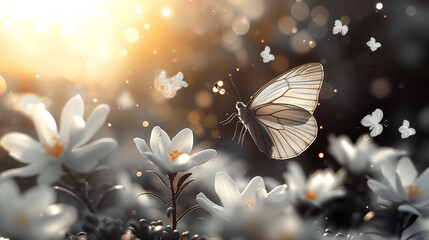 Beautiful Butterfly on a White Flower - obrazy, fototapety, plakaty
