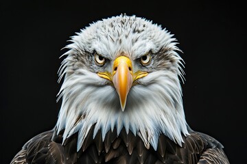 Naklejka premium A closeup of a bald eagle looking straight into the camrea, on black background