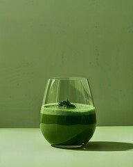 Kale and Green Apple Smoothie in a Glass: Nutrient-packed kale and green apple smoothie in a clear glass, isolated on green background.

