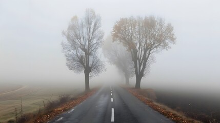 road and big trees in fog, mystical foggy autumnal day