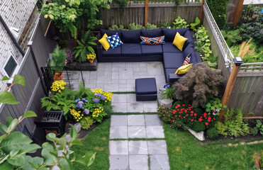 A photo of an urban backyard garden with colorful outdoor furniture, lush green plants and flowers, grey pavers in the yard, a wooden fence