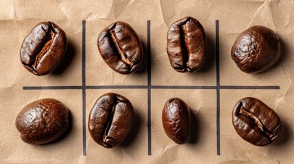 Macro flat lay photograph of Tic Tac Toe coffee beans on paper background