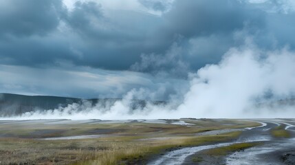 SA, Wyoming, Yellowstone National Park, Firehole Lake Drive, steam from hot springs rising