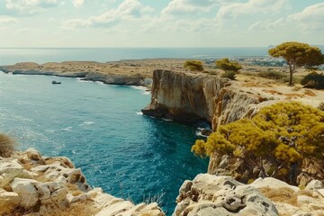 Fototapeta na wymiar Beautiful greek coast cyprus seaside shore cliffs hiking nature vacation summer mediterranean island tourism waves splashes sunny holiday spain bay rocky beautiful destination