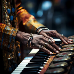 A close-up of a musicians hands on an instrument. - obrazy, fototapety, plakaty