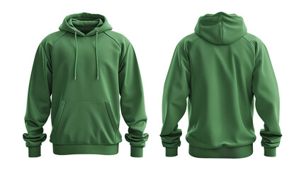 Front and back view of a green hoodie with no print on transparent background