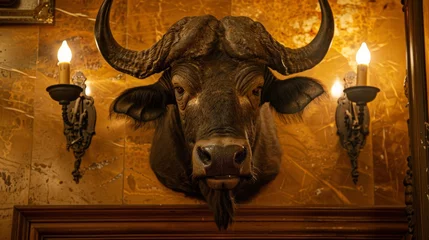 Fotobehang A taxidermied buffalo head stares down from above the door its glassy eyes reflecting the flickering light of the candelabras. . © Justlight
