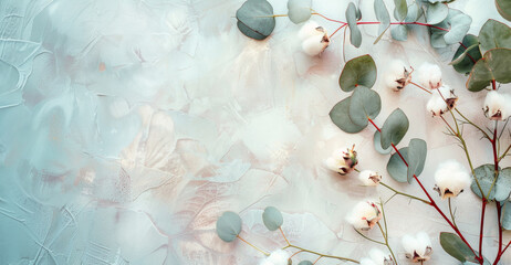Banner with cotton and eucalypt leaves around on light background.  Concept of nature, copy space - obrazy, fototapety, plakaty