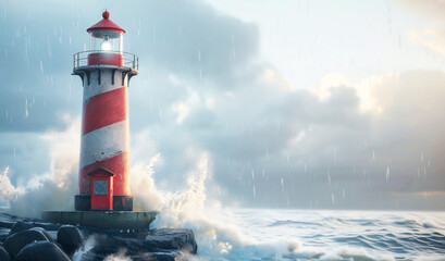 Illustration of sea landscape. Lighthouse in rainy weather