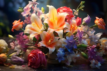 Bouquet of colorful flowers in a vase on the table