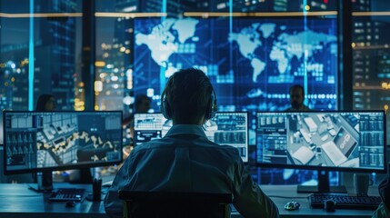 A cutting-edge cybersecurity operations center monitoring and defending against cyber threats in real-time, with teams of analysts and engineers leveraging advanced algorithms and artificial  - obrazy, fototapety, plakaty