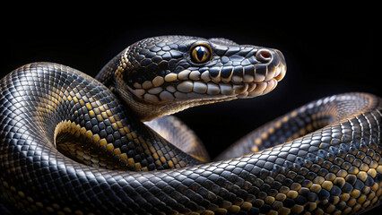 Fototapeta premium Macro close-up of a black python snake slithering on black background, showcasing its dangerous beauty and intricate scales