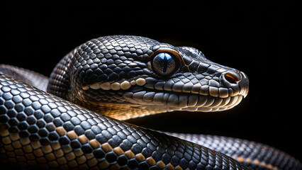 Obraz premium Macro close-up of a black python snake slithering on black background, showcasing its dangerous beauty and intricate scales