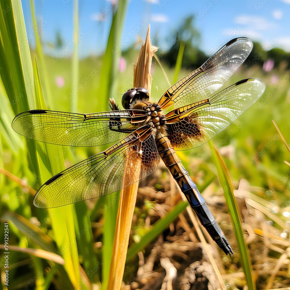 Poster A dragonfly perched on a blade of grass. 