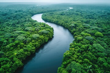 Aerial view of a winding river in a rainforest. The river's path cuts through the rainforest like a ribbon, a symbol of nature's harmony.
