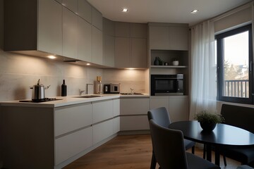 Stylish apartment interior with modern kitchen. Idea for home design
