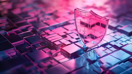 3d rendering of glass shield icon made of small transparent puzzle, in an innovative technological environment with computers dark blue and pink gradient background