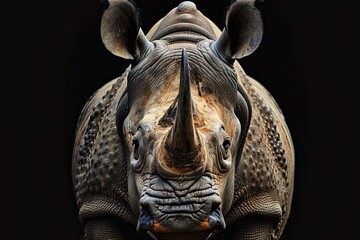 A frontal view of a rhinoceros on black background