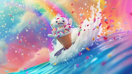 Fotobehang Whimsical ice cream cone riding a cream splash wave in a vibrant, dreamlike scape © doraclub